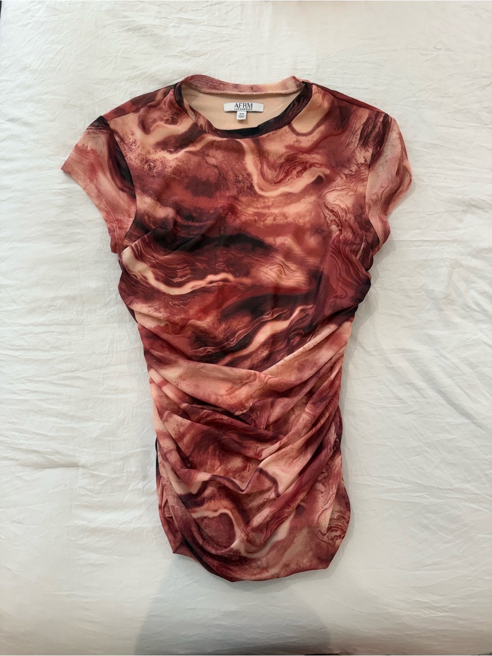 AFRM Women's Marble-Print Ruched Tee in Burgundy, size m